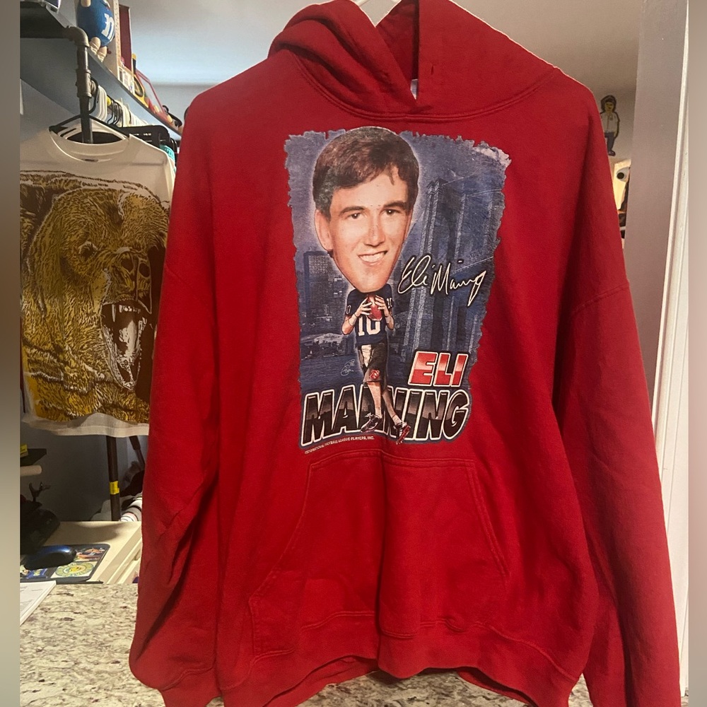 Mens XL Red New York Giants Eli Manning Big Head Caricature Pullover Hoodie